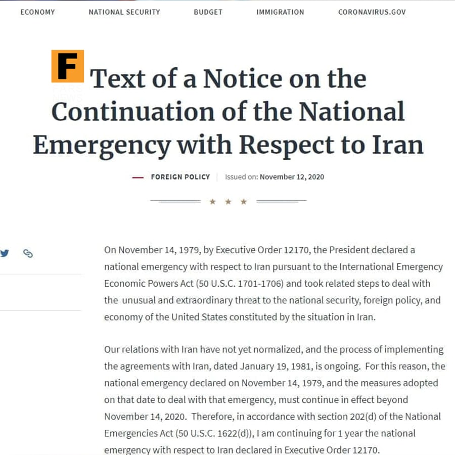 آمریکا «وضعیت اضطرار ملی» در قبال ایران را برای یکسال دیگر تمدید کرد