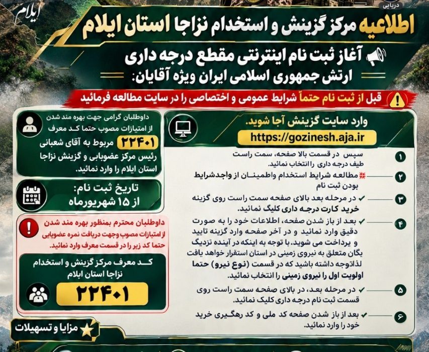 آغاز ثبت نام اینترنتی مقطع درجه داری نیروهای چهارگانه ارتش جمهوری اسلامی ایران ویژه آقایان